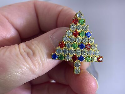 #ad Christmas Tree Multi Rhinestone Vintage Gold Brooch Pin V 7610 $19.99