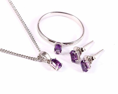 #ad Natural Amethyst Ring Earrings Pendant Jewelry Set 925 Sterling Silver Handmade $31.08