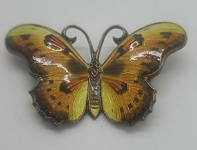 #ad Vintage orange amp; yellow enamel BUTTERFLY marked quot;SILVERquot; brooch pin $54.00