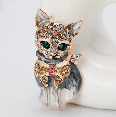 #ad Fashion Crystal Cat Animal Brooch Breastpin Lapel Collar Pin Women Jewelry Gift $20.00