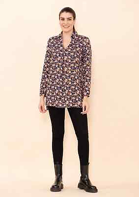 #ad TAMSY Blue Gold Flower Pattern Full Sleeve Collared Straight Rayon Staple Top M $38.98
