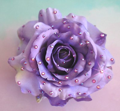 #ad 5quot; Purple Rose Swarovski Rhinestone Silk Flower HAIR Clip BROOCH Pin Handmade $40.00