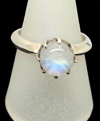 #ad rainbow moonstone round ring size P cabochon Solid Sterling Silver. Actual one GBP 29.99
