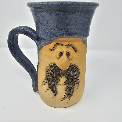 #ad Foothills Pottery Collection 3D Mustache Man Face Tall Blue Mug Coffee Tea $19.99