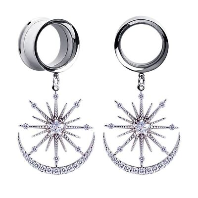#ad Pair Moon and Star Ear Gauges Plugs Tunnels Crystal Piercings Body Jewelry $16.37