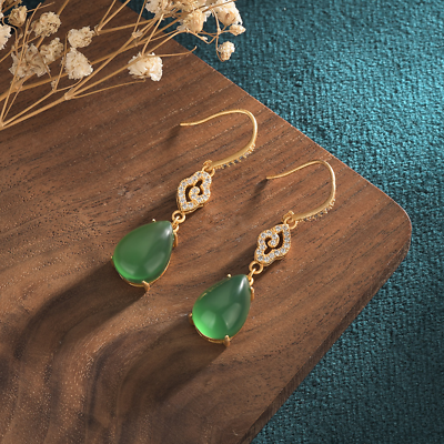 #ad Green Jade Crystal Drop Dangle Earrings Boho Gemstone Ear Hook 18K Gold Plated $11.95