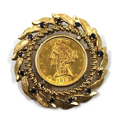 #ad $5 Eagle Liberty Head 1902 S Gold Coin in 14K Sapphire amp; Dia Rim Pendant Brooch $2749.99