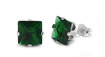 #ad Sterling Silver Green CZ Stud Earrings Princess Cut Square Fine 925 Jewelry $8.99