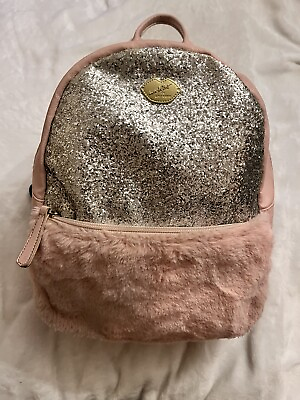 #ad Luv Betsey Mini Backpack Pink Faux Leather Fur And Silver Sequence Black Straps $15.00