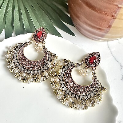 #ad Antiqued Gold Red Earrings Bead Faux Pearl Jhumka Chandelier Indian Bollywood $14.95
