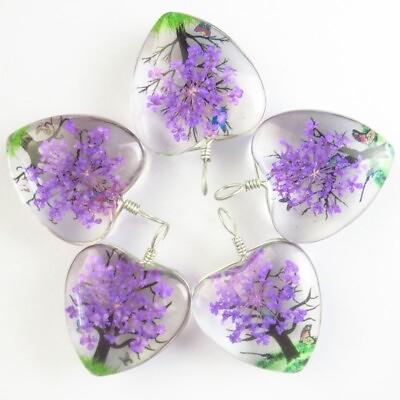 #ad 5Pcs 24x12mm Purple Delicate Crystal Glass Dried Flower Heart Pendant T02023 $12.44