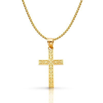 #ad 14K Yellow Gold Cross Pendant with 1.5mm Flat Open Wheat Chain Necklace $301.00