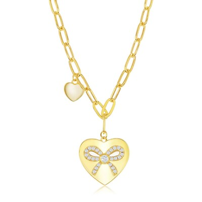 #ad Sterling Silver Heart with CZ Ribbon Paperclip Necklace Gold Plated $110.00