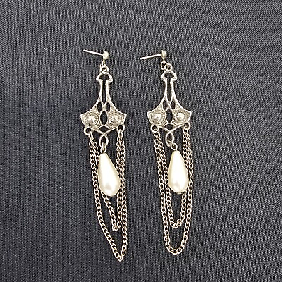 #ad Vintage Silver Tone Chandelier Dangle Pearl Drop Earrings No Backs $24.99