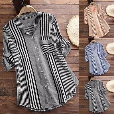 #ad Women Fashion Three Quarter Striped Print V Neck Loose Fit Top T Shirt Blouse $20.34