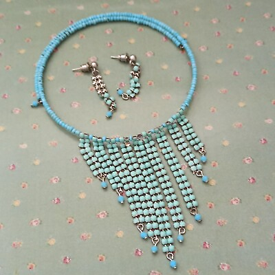 #ad Vintage Necklace Earrings Set Chandelier Choker Hoop Turquoise Beads Fring Gift $23.20