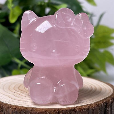 #ad 2.1quot; Natural Pink Rose Quartz Carved Hello Kitty Crystal Cat Carving Reiki Gift $23.50