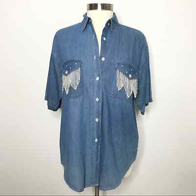 #ad Vintage Details Express Womens Medium M Western Denim Shirt Pearl Fringe Pockets $45.00
