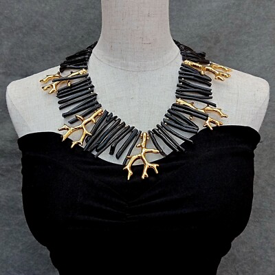 #ad 40mm Black Coral Golden Resin Branch Necklace Handmade Women Designer Jewelry $22.99