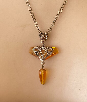 #ad Vintage Necklace Delicate Art Nouveau Brass Pendant Antique Amber Czech Glass $27.00
