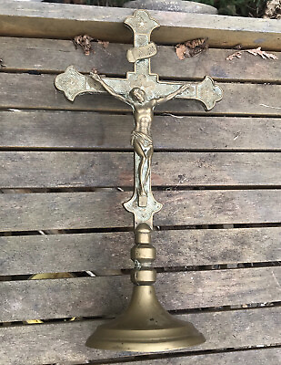 #ad Antique French Crucifix cross christ Free Standing Brass 12” 1800s Altar Gold $189.99