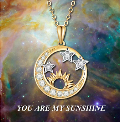 #ad Crystal CRESCENT MOON STARS SUN BURST pendant GOLD plate18K necklace 20quot; women $19.88