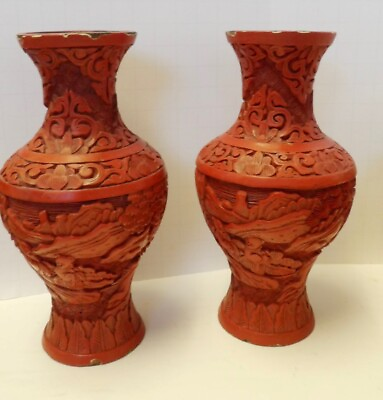 #ad Pair of Antique 1920s Era Chinese Carved Cinnabar 6 1 2quot; Tall Vases $49.99