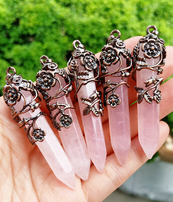 #ad 5pcs Rose Quartz stone Rose Pendants Hexagon Chakra Reiki Healing Amulet Energy $16.13