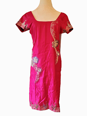 #ad Women#x27;s Small Kaftan Tunic Dress ELEGANT PINK FLORAL Silky Sheath Embroidery $11.75