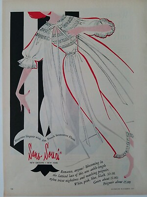 #ad 1957 women#x27;s Sans Souci peignoir gown French seamstress vintage fashion art ad $9.99