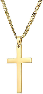 #ad 24K Gold Chain Style Cross Pendant Necklace Solid Clasp for Men Husband Teens $138.60