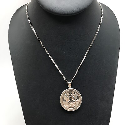 #ad Vintage 925 Sterling Silver 2000 Lovebirds Round Pendant Necklace 22quot; $59.99