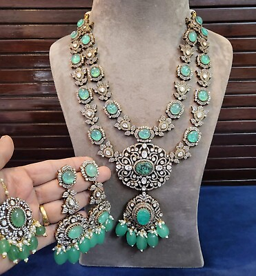 #ad Indian Ethnic Light Green Ad cz Victorian Designer Polki Kundan Long Jewelry Set $170.00