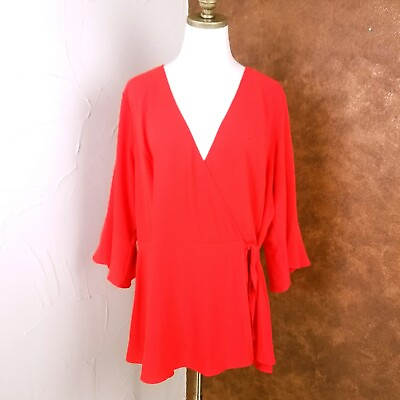 #ad City Chic Wrap Blouse Womens Size M 18 Solid Orange V Neck Peplum 3 4 Sleeve $34.00