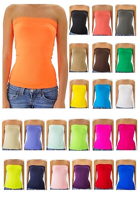 #ad Women#x27;s Seamless Bandeau Strapless Tube Top Basic Layering Ribbed Stretch Tee $10.18