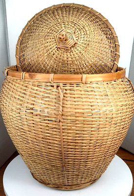 #ad Large Natural Handmade Woven 18quot;T x 13quot;R Home Décor Storage Basket w Lid $26.00