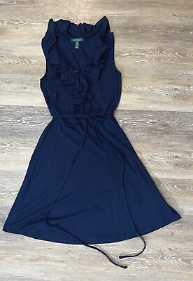 #ad Lauren Ralph Lauren Sz S Navy Blue Jersey Knit Belted Ruffled Shift Midi Dress $62.70