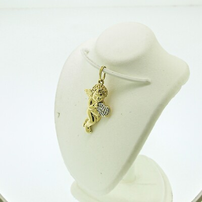#ad 14K Yellow Gold Cupid Cherub Pendant with Rhodium Heart with Diamond Estate $80.00