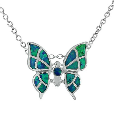 #ad Sterling Silver Blue Turquoise Fire Opal Butterfly Pendant Necklace with Chain $24.99
