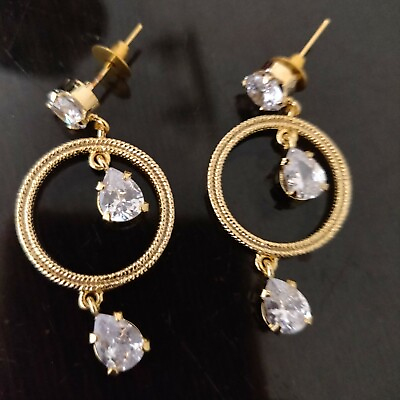 #ad Gold plated Teen Girls Women Cz AD White Solitaire Stone Round dangler Earrings C $15.59
