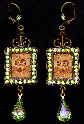 #ad Michal Negrin Earrings Green Cherubs Angels Rectangle Dangle Victorian Crystals $92.65