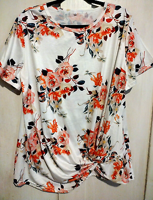 #ad Romantic White Coral Pink Floral Rose Print Blouse Top Tee 2x $16.99