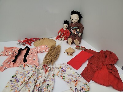 #ad Lot of Vintage 2 Asian Cloth Oriental Dolls Shoes Hats Kimonos Clothes Skirts $75.00