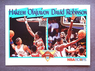 #ad Blocks League Leaders #309 NBA Hoops 1991 Basketball Card Olajuwon Robinson LN $2.19
