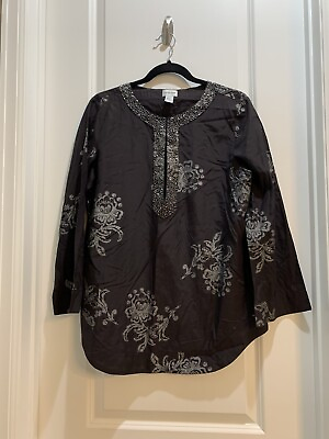 #ad Chicos Silk Blend Black Floral Beaded Tunic Blouse Top Sz 1 Armpit to Armpit 22” $22.00
