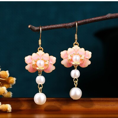 #ad Enamel Pearl Drop Dangle Earrings Boho Flower Dainty Gemstone 18K Gold Plated $12.95