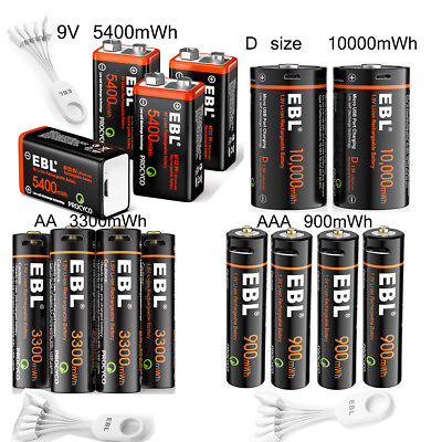 #ad Lot EBL 1.5V AA AAA 9V D Cell USB Battery Lithium li ion Rechargeable Batteries $187.99