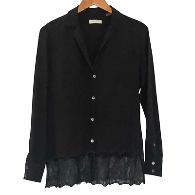 #ad Equipment Adalyn Silk Blouse Top Black Long Sleeve Lace Trim V Neck Size S $50.00