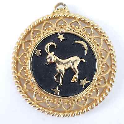 #ad Large Aries Ram Pendant Zodiac Gold Toned Black Moon Stars Horoscope Jewelry $44.99