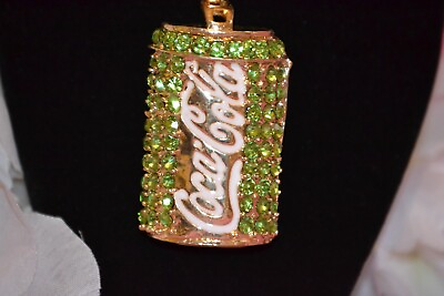#ad Betsey Johnson Rhinestone Green Coca Cola Can Pendant Sweater Necklace BJ50 $20.46